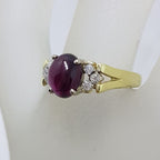 18ct Yellow Gold Oval Cabochon Cut Garnet with Diamond Ring - Antique / Vintage