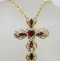 9ct Yellow Gold Large Ornate Filigree Garnet Cross / Crucifix Pendant on Gold Chain