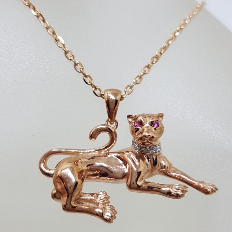 9ct Rose Gold Diamond &amp; Pink Sapphire Panther / Puma / Big Cat Pendant on 9ct Chain