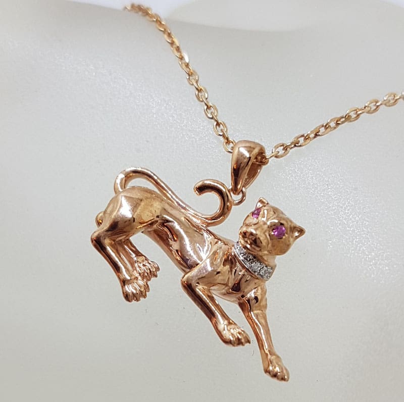 9ct Rose Gold Diamond &amp; Pink Sapphire Panther / Puma / Big Cat Pendant on 9ct Chain