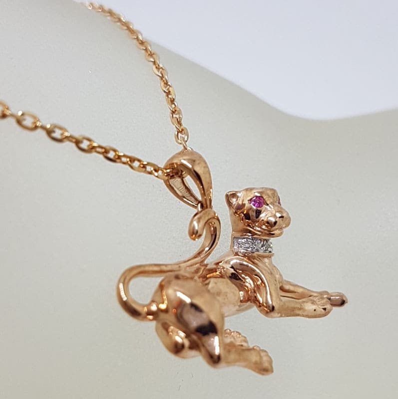 9ct Rose Gold Diamond &amp; Pink Sapphire Panther / Puma / Big Cat Pendant on 9ct Chain