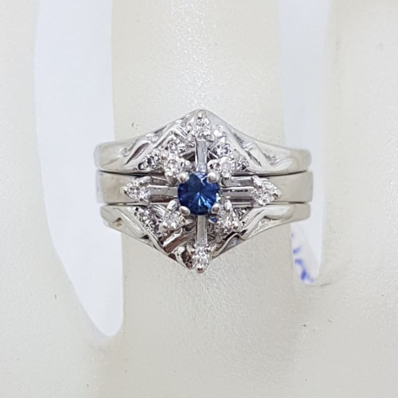 18ct White Gold Sapphire and Diamond 3 Ring Cluster Set - Antique / Vintage - Engagement Ring, Wedding Ring &amp; Eternity Ring