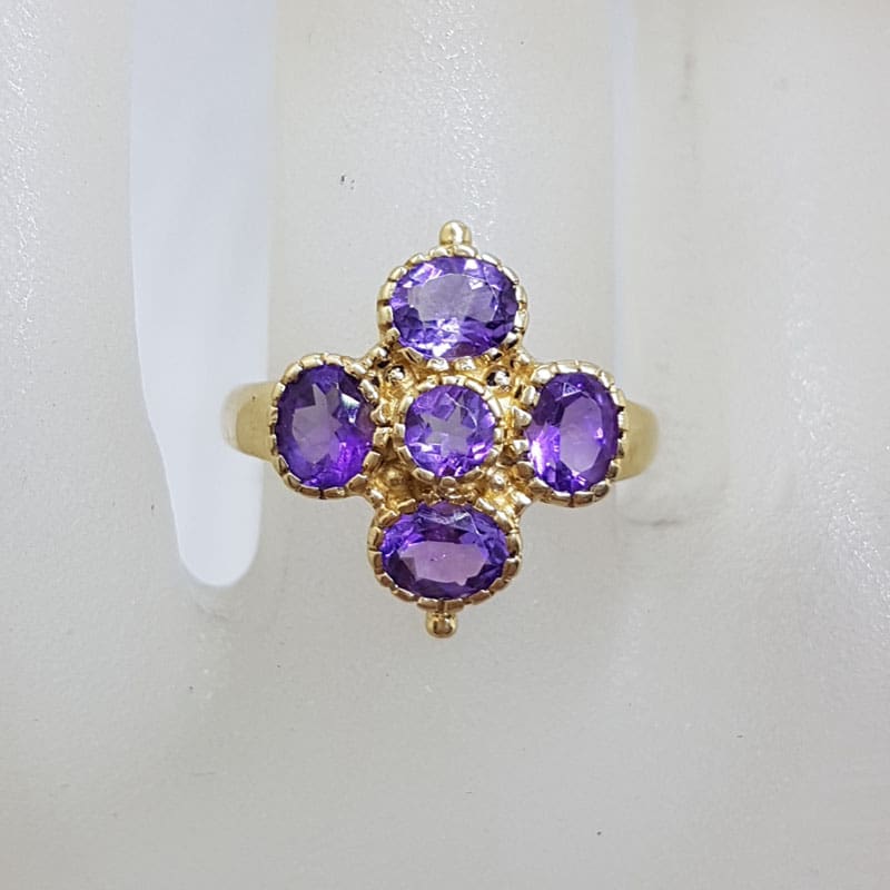 9ct Yellow Gold Five Amethyst in Cross Shape Cluster Ring