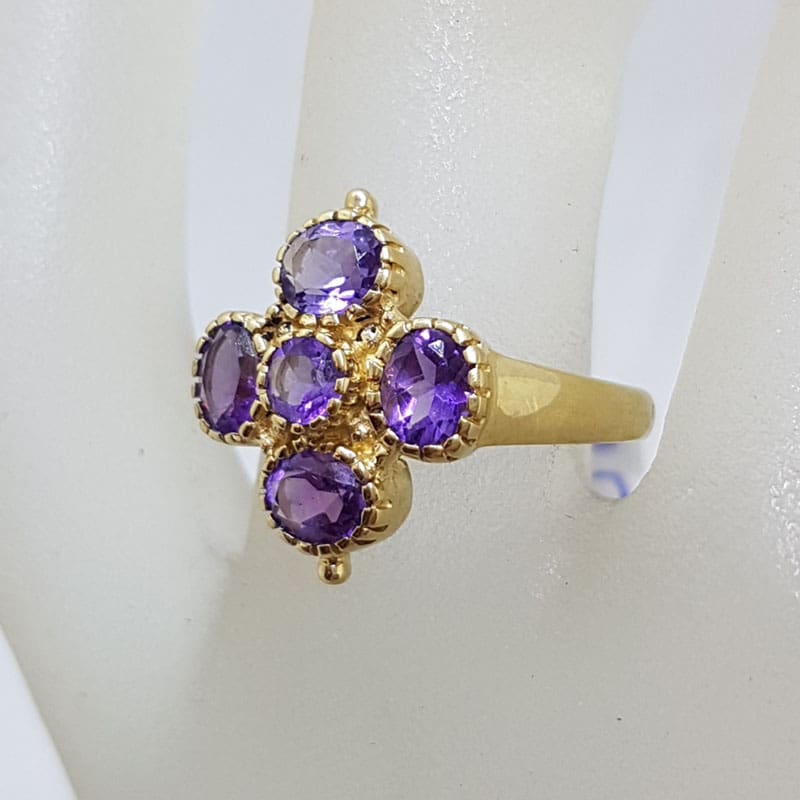 9ct Yellow Gold Five Amethyst in Cross Shape Cluster Ring