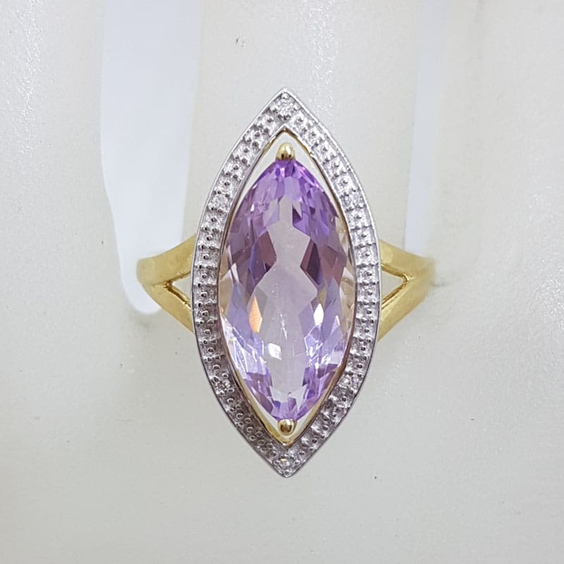 9ct Yellow Gold Large Amethyst and Diamond Marquis Shape Cluster Ring