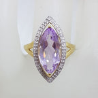 9ct Yellow Gold Large Amethyst and Diamond Marquis Shape Cluster Ring