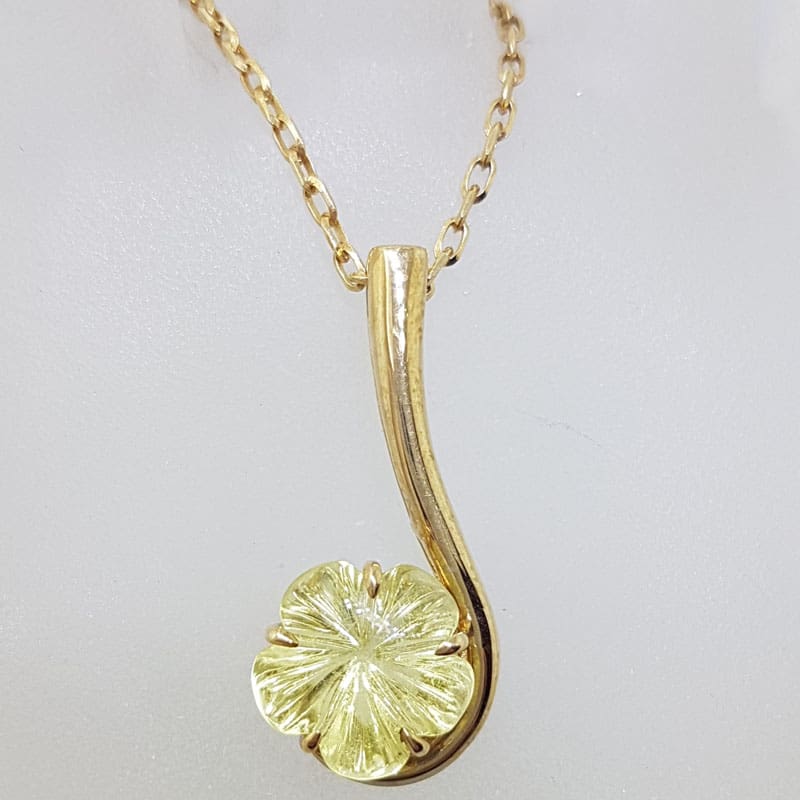 9ct Yellow Gold Carved Lemon Citrine Long Drop Flower Pendant on Gold Chain
