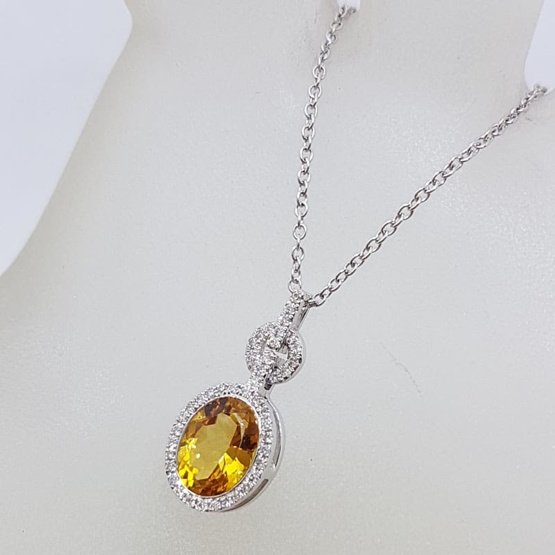 9ct White Gold Oval Citrine &amp; Diamond Pendant on Gold Chain