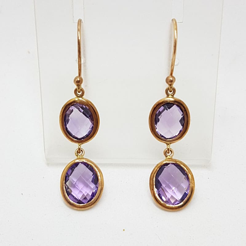 9ct Rose Gold Amethyst Oval Drops Earrings