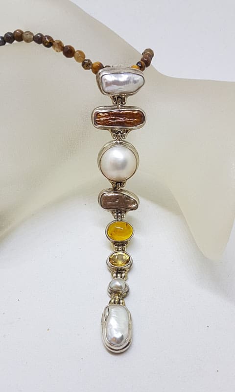 Sterling Silver Very Long Drop Pearl ( Blister and Mabe ) with Citrine Pendant on Tiger Eye Bead Necklace Chain