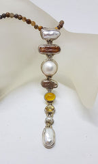 Sterling Silver Very Long Drop Pearl ( Blister and Mabe ) with Citrine Pendant on Tiger Eye Bead Necklace Chain