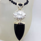 Sterling Silver Large Pointy Onyx with Oval Clear Crystal Quartz Pendant on Black Onyx Bead Chain