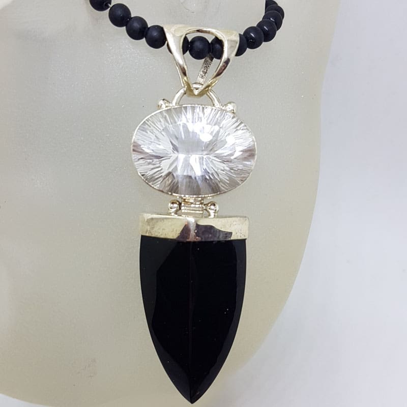 Sterling Silver Large Pointy Onyx with Oval Clear Crystal Quartz Pendant on Black Onyx Bead Chain
