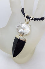 Sterling Silver Large Pointy Onyx with Oval Clear Crystal Quartz Pendant on Black Onyx Bead Chain