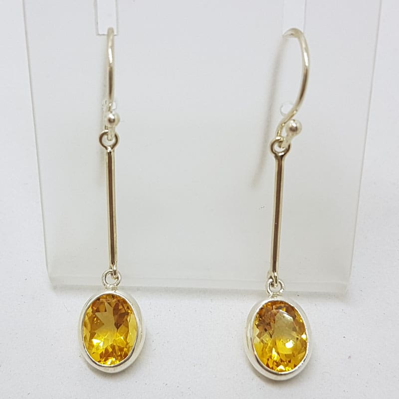 Sterling Silver Long Line Oval Bezel Set Citrine Drop Earrings