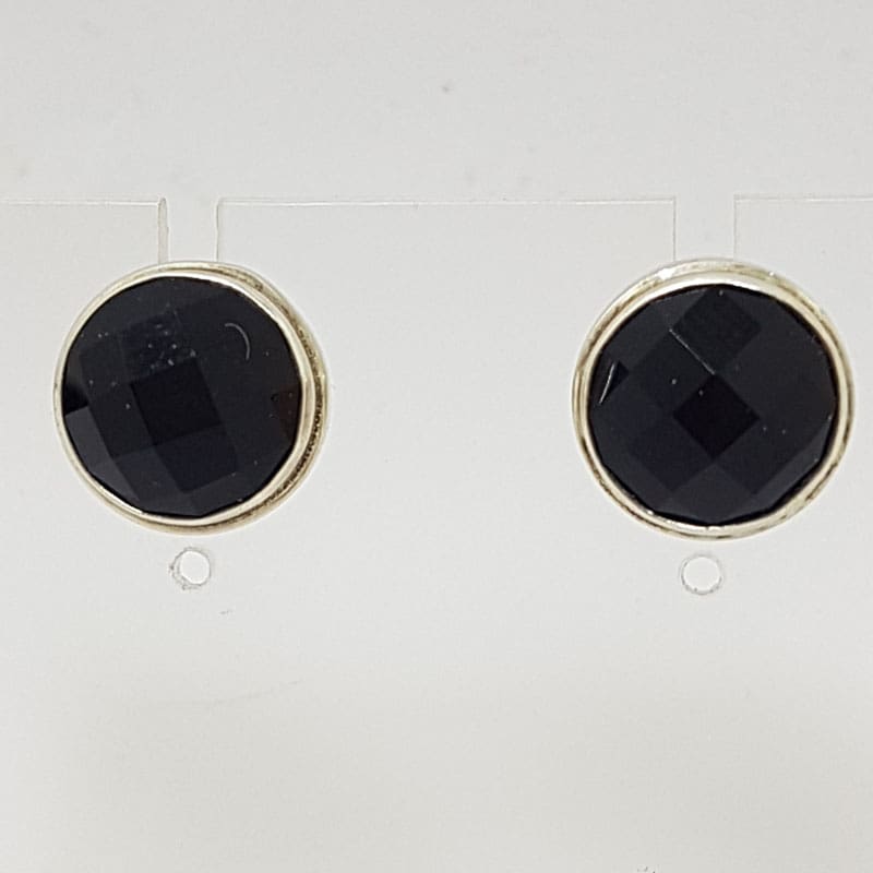 Sterling Silver Round Faceted Bezel Set Onyx Studs / Earrings