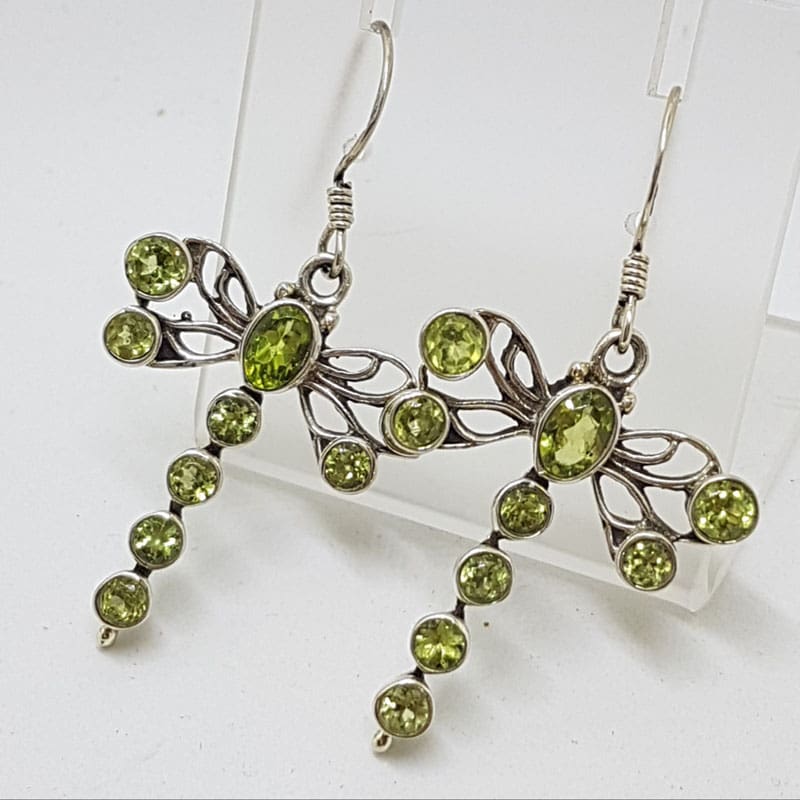 Sterling Silver Large Peridot Dragonfly Drop Earrings