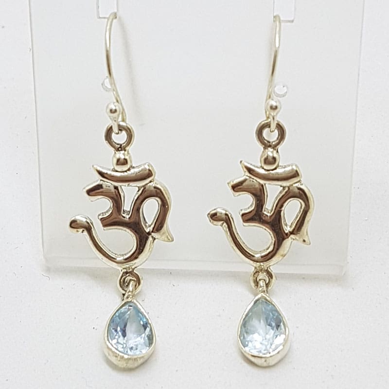 Sterling Silver Blue Topaz with Om Symbol Long Drop Earrings
