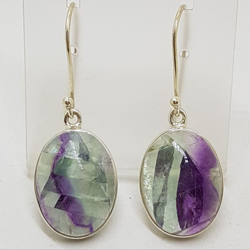 Sterling Silver Large Oval Cabochon Cut Fluorite Drop Earrings