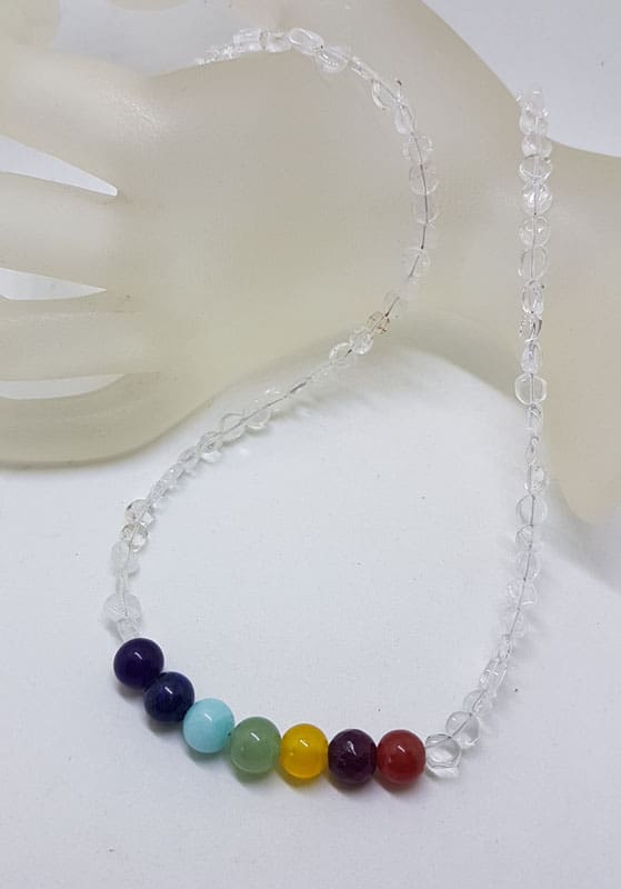 Multi-Coloured Chakra Beads with Quartz Necklace and Sterling Silver Clasp