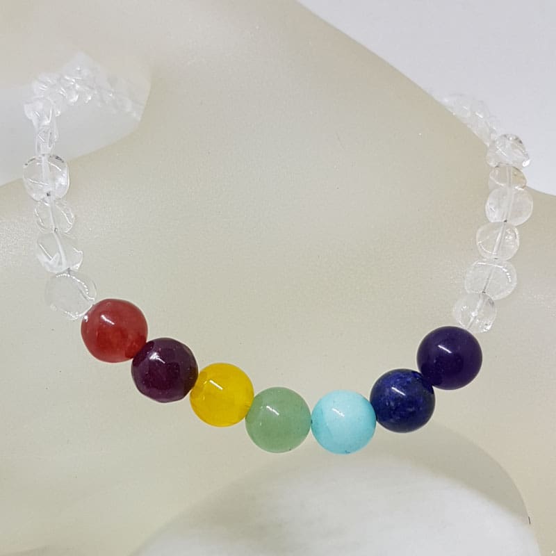 Multi-Coloured Chakra Beads with Quartz Necklace and Sterling Silver Clasp