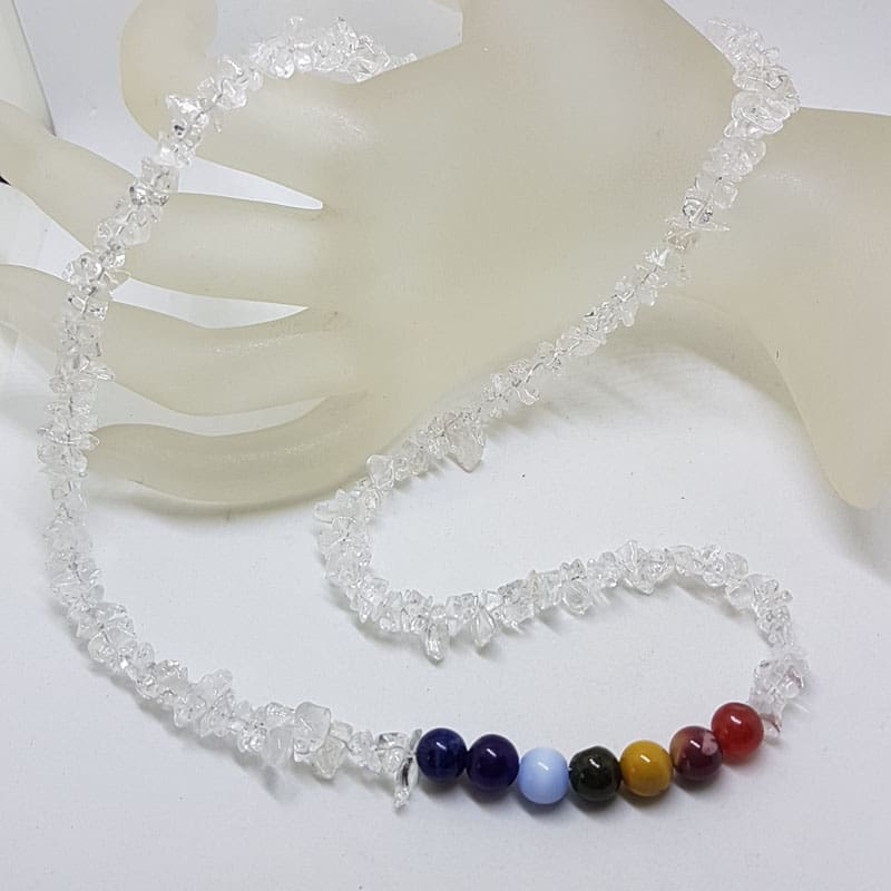 Multi-Coloured Chakra Beads with Quartz Necklace and Sterling Silver Clasp