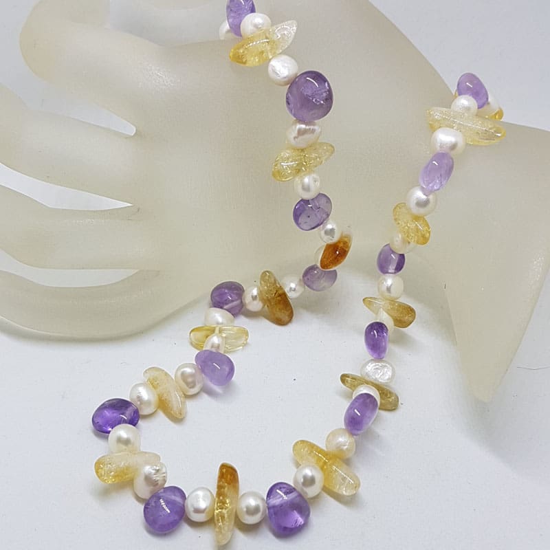 Pearl, Citrine and Amethyst Bead Necklace with Sterling Silver Clasp