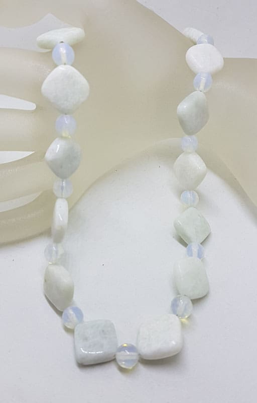White &amp; Blue Square Natural Bead Necklace with Sterling Silver Clasp
