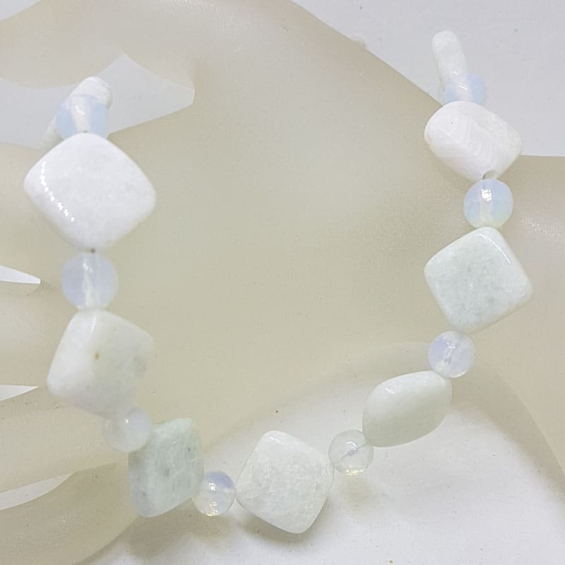 White &amp; Blue Square Natural Bead Necklace with Sterling Silver Clasp