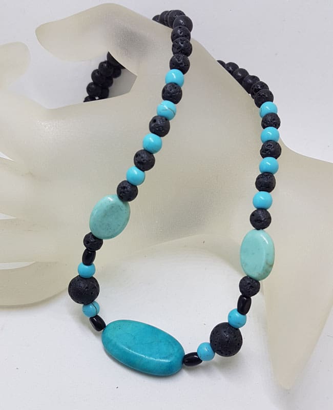 Blue with Black Lava Bead Necklace - Sterling Silver Clasp