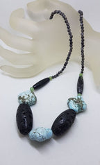 Howlite, Chrysoprase, Tourmalinated Quartz and Lava Bead Necklace with Sterling Silver Clasp