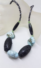 Howlite, Chrysoprase, Tourmalinated Quartz and Lava Bead Necklace with Sterling Silver Clasp