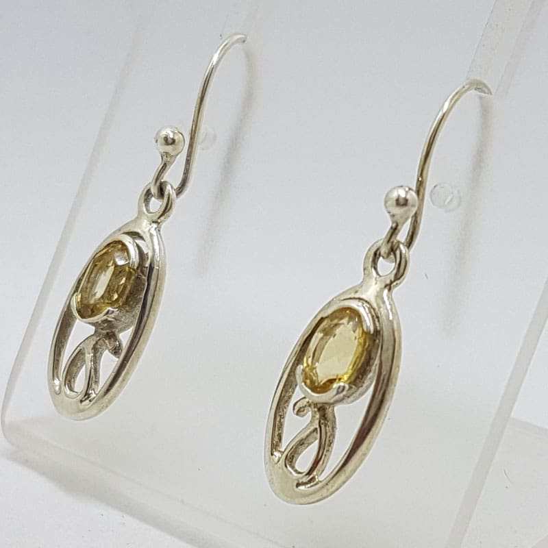 Sterling Silver Citrine Oval Ornate Drop Earrings