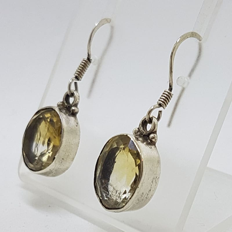 Sterling Silver Citrine Oval Bezel Set Drop Earrings