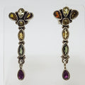 Sterling Silver Multi-Colour Gemstone Long Drop Earrings - Garnet, Citrine, Peridot and Amethyst