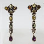 Sterling Silver Multi-Colour Gemstone Long Drop Earrings - Garnet, Citrine, Peridot and Amethyst