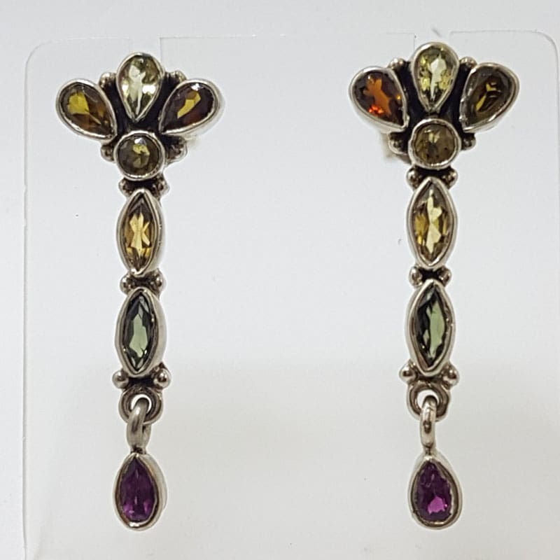 Sterling Silver Multi-Colour Gemstone Long Drop Earrings - Garnet, Citrine, Peridot and Amethyst