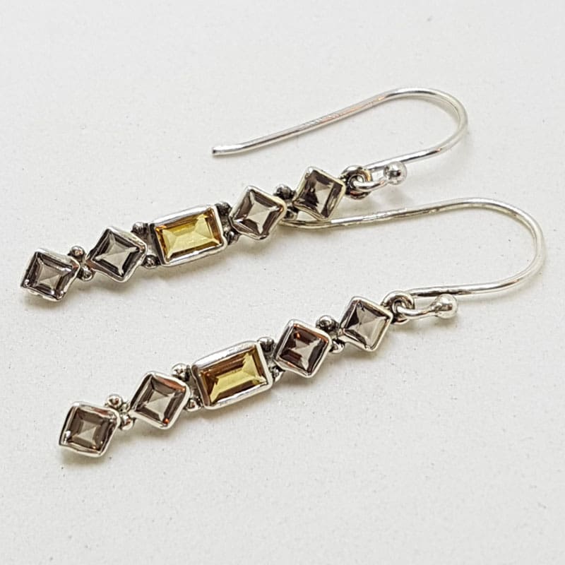 Sterling Silver Citrine Rectangular with Square Smokey Quartz Long Drop Earrings