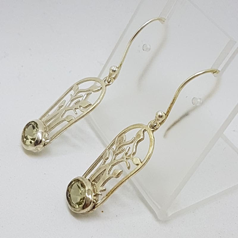 Sterling Silver Citrine Oval Ornate Tree of Life Drop Earrings