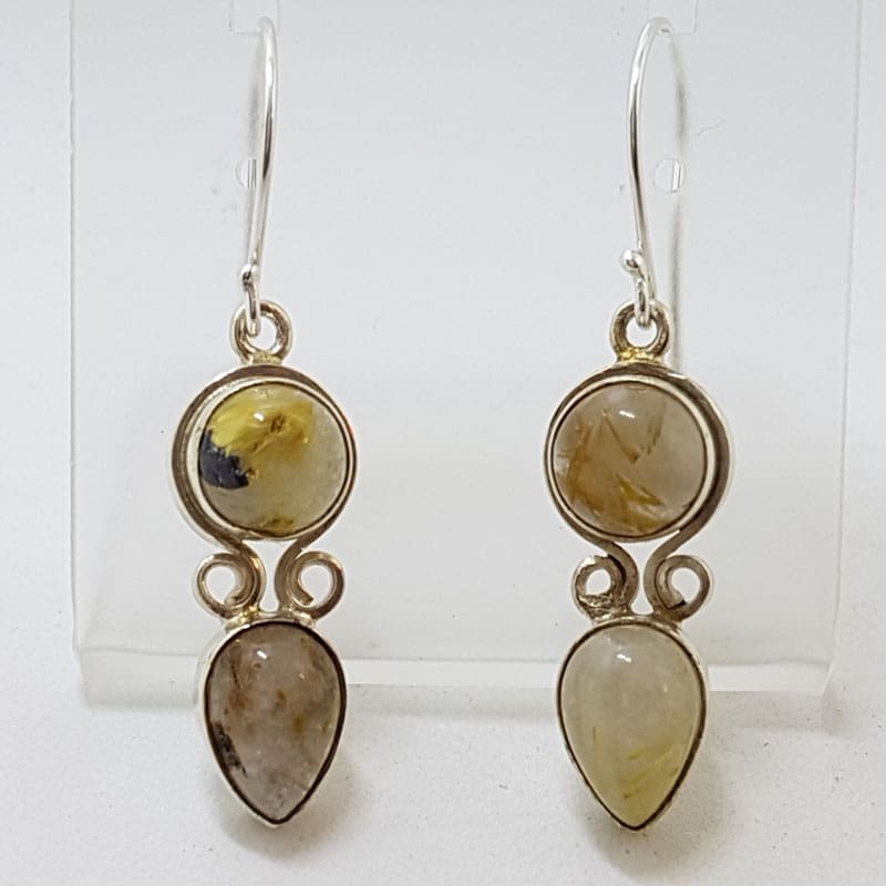 Sterling Silver Rutilated Quartz Round and Teardrop / Pear Shape Drop Earrings