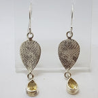 Sterling Silver Citrine Long Teardrop / Pear Shape Patterned Drop Earrings