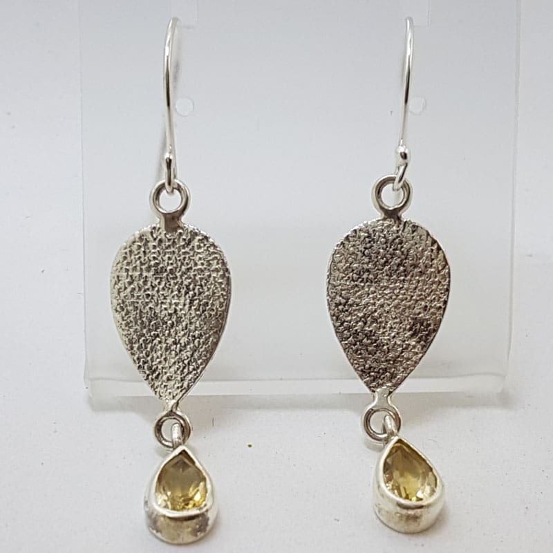 Sterling Silver Citrine Long Teardrop / Pear Shape Patterned Drop Earrings