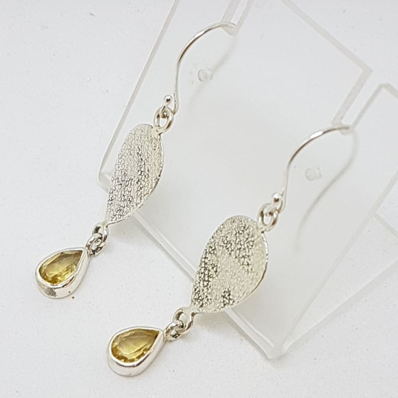 Sterling Silver Citrine Long Teardrop / Pear Shape Patterned Drop Earrings