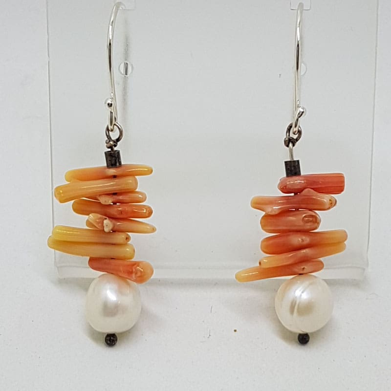 Sterling Silver Coral Bead and Pearl Drop Earrings
