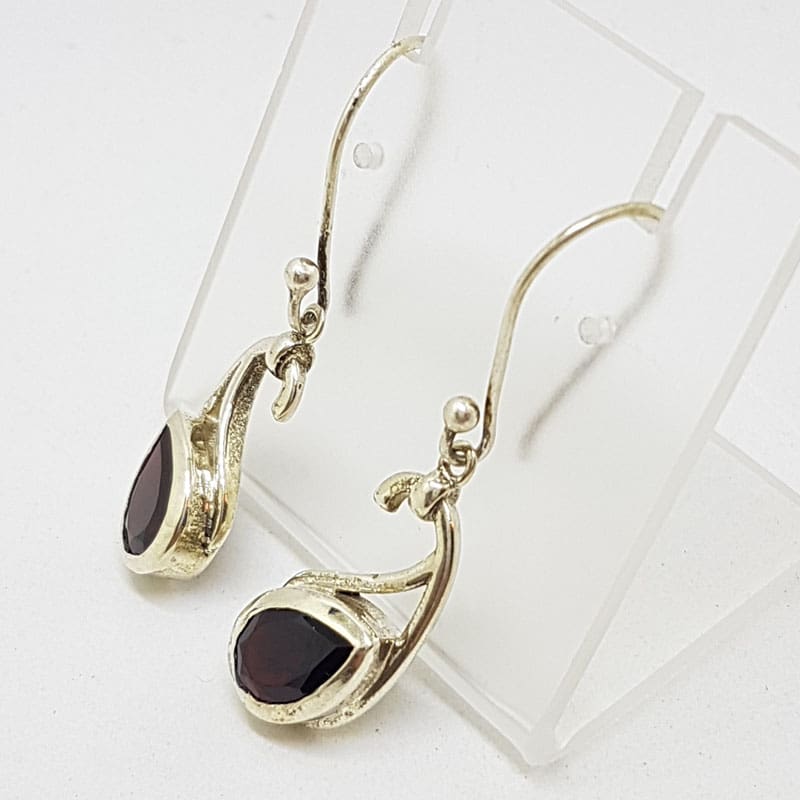 Sterling Silver Teardrop / Pear Shape Garnet Twist Drop Earrings