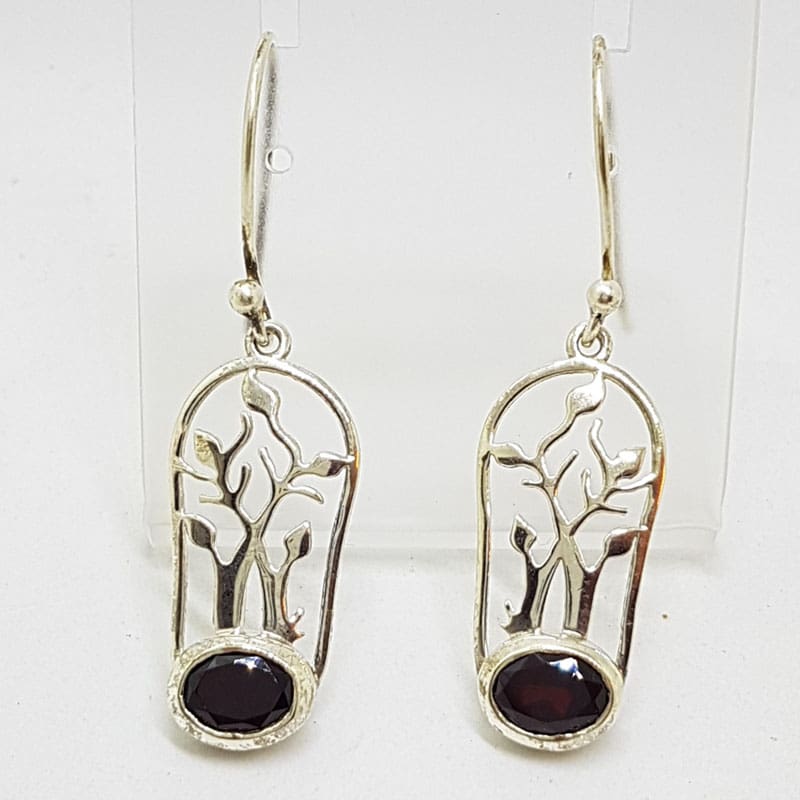 Sterling Silver Oval Garnet Tree of Life Design Long Drop Earrings