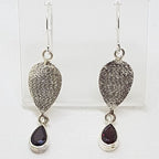 Sterling Silver Teardrop / Pear Shape Garnet Long Patterned Drop Earrings