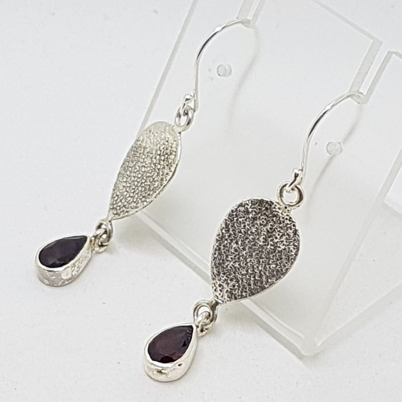 Sterling Silver Teardrop / Pear Shape Garnet Long Patterned Drop Earrings