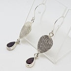 Sterling Silver Teardrop / Pear Shape Garnet Long Patterned Drop Earrings