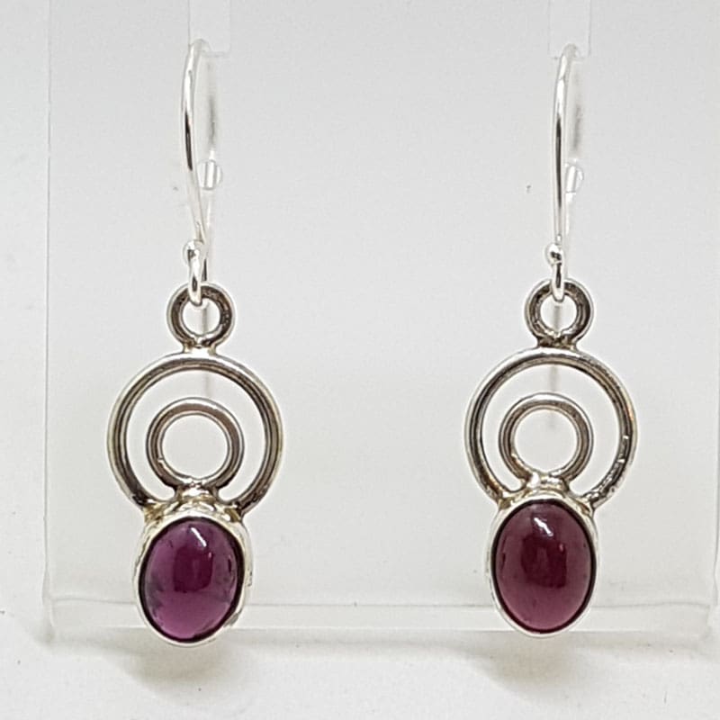 Sterling Silver Garnet Cabochon Cut Circle Design Drop Earrings